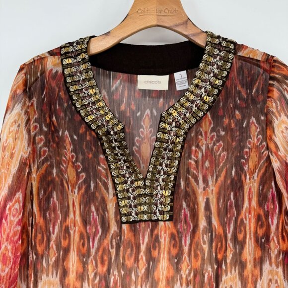 Chico's 1 semi Sheer Tunic Top Beaded Neckline 3/4 sleeve Size medium - Picture 7 of 11